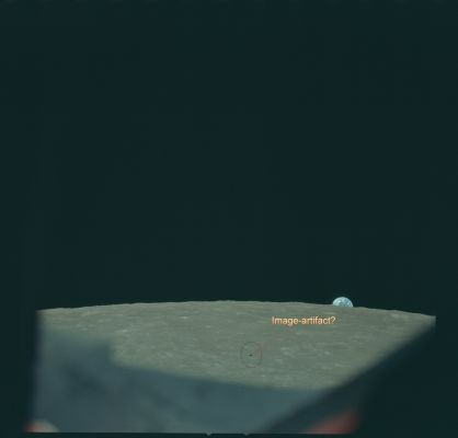 AS 08-14-2390 - Earthrise and possible "Transient"
Image Collection:  70mm Hasselblad 
Mission:  8 
Magazine:  14 
Magazine Letter:  B 
Latitude: approx. 13,0° South
Longitude: approx. 105,0° East
Lens Focal Length:  80 mm 
Film Type:  SO-368 
Film Width:  70 mm 
Film Color:  color 
Feature(s):  HUMBOLDT, NORTHEAST OF
Parole chiave: The Moon from orbit - Earthrise and possible Transient - Controversial