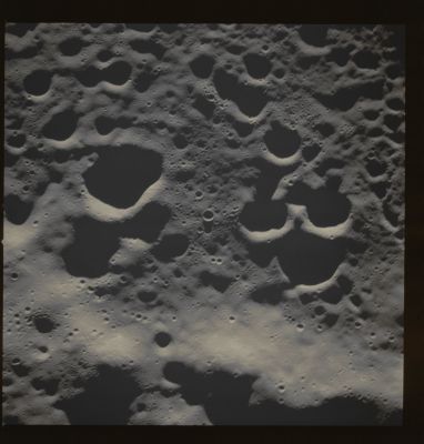 AS 08-14-2401 - The Dark Side of the Moon (4 - natural colors; credits: Lunexit)
Image Collection:  70mm Hasselblad 
Mission:  8 
Magazine:  14 
Magazine Letter:  B 
Latitude: approx. 3,0° South
Longitude: approx. 155,5° West
Lens Focal Length:  250 mm 
Description:  NEAR TERMINATOR; FARSIDE 
Film Type:  SO-368 
Film Width:  70 mm 
Film Color:  color 

Parole chiave: The Moon from orbit - Hills and Highly Cratered Region near the Terminator - Farside