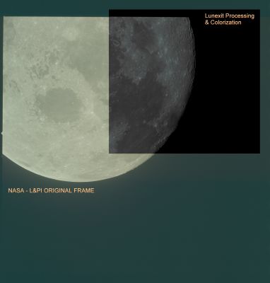 AS 10-27-3948 - The Moon: Endymion and Mare Nectaris (Special Process. by Lunexit)
Un piccolo "chiarimento" su ciò che intendiamo per "Special Processing". Mettiamola in questi termini: premessa la nostra gratitudine e stima al Lunar and Planetary Institute (per la cortesia e disponibilità da sempre manifestate nei nostri confronti e per il Valore Storico del Lavoro svolto dai nostri Amici Americani), noi riteniamo che la qualità dei frames "NASA - Original" sia comunque (e purtroppo...) scarsissima e quindi, agendo un pò per noi stessi (diciamo "per il nostro piacere visivo") ed un pò per coloro che ci leggono e che usano i frames da noi pubblicati per studi e ricerche, abbiamo deciso di usare tutte le nostre capacità, la nostra esperienza ed i nostri softwares per offrirVi delle immagini della Luna le quali fossero realmente "degne" degli Apollo Days.

E' ovvio che, senza effettuare una comparazione, i nostri Amici Lettori non potranno mai rendersi conto, nè apprezzare la diversità esistente fra quello che la NASA, tramite il L&PI, ci mette a disposizione, e quello che noi pubblichiamo su Lunexit: e allora ecco che questo "image-composite" dovrebbe essere sufficientemente chiarificatore del motivo e della portata del Lavoro da noi svolto in sede di processing addizionale dei frames NASA Originali.

Guardate Voi stessi: il frame NASA - Original, nella sua suggestività, è chiaramente over-saturato, sfuocato e soggetto ad una palese distorsione cromatica. Il nostro processing addizionale, quindi, non fa altro che ricondurre quanto ripreso (ivi: la Luna) alla sua dimensione e bellezza originarie: nulla di meno, nulla di più.

Vi preghiamo di voler considerare, se e quando userete i frames che Vi proponiamo nella loro versione "ripulita", lo sforzo ed il sacrificio esistenti dietro questo Lavoro. Se, infatti, di Appassionati e Ricercatori che effettuano processing addizionale sui frames NASA ce ne sono tanti, è pur vero che di Associazioni di Ricerca Private le quali effettuano questo processing su TUTTO il Materiale NASA Originale reso disponibile (un Lavoro che si dilata nel tempo, ma che viene eseguito - ripetiamo - sul 100% di quanto reso pubblico) ne esiste, al Mondo, solo una: la Vostra e nostra Lunar Explorer Italia.

Per cui, per favore, se usate i nostri frames (o le captions Lunexit per essi riportate) pro domo Vostra (ergo per sostanziare i Vostri Studi, le Vostre Ricerche e/o Pubblicazioni o altro), non dimenticate mai di citare la Fonte. 

Grazie per l'Amicizia e la Collaborazione - Dr Paolo C. Fienga (Lunexit - Presidente e Socio Fondatore)
Parole chiave: The Moon from Space
