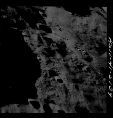 AS 11-61-6139 - In the darkness of the Far-Side
Image Collection:  70mm Hasselblad 
Mission:  11 
Magazine:  41 
Magazine Letter:  P 
Latitude:  6,0° South
Longitude: 174,5° West
Film Type:  3400 
Film Width:  70 mm 
Film Color:  black & white 
Parole chiave: The Moon from orbit - Highly Cratered Region - Farside