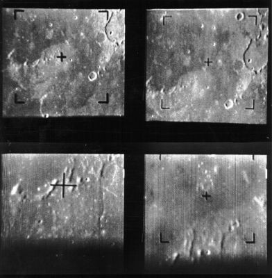 The Moon from Ranger-7: Mare Cognitum (7)
Caption NASA:"First P-camera images taken by Ranger 7. The images are numbered by camera (clockwise from upper left) P3, P4, P2, P1. All images were taken from a distance of about 1870 Km about 13,5' before impact. Frame P3 shows Guericke crater (diameter 63 Km) at the upper right. 
P4 also shows Guericke at right center. Image P1 is 41 Km across and shows the floor of Mare Nubium north of Opelt crater. The bottom of frame P2 overlaps the upper right corner of P1. P2 is about 40 Km across. North is at 12:30 in all four images (Ranger 7, P001)".
Parole chiave: The Moon