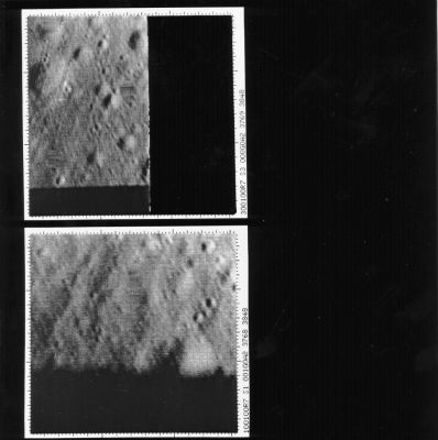 The Moon from Ranger-7: Mare Cognitum (9)
Caption NASA:"The final two images taken by Ranger 7 before its impact on the Moon's surface. 
These image were taken by the number 1 and 3 P-channel cameras at 0,39 and 0,19" before impact from an altitude of 1070 and 519 mt, respectively. The pictures are cut off because the spacecraft impacted the surface before completing the transmission. The top image was taken by the P3 camera and the bottom image by P1. The P3 image is about 25 mt across. North is at 12:30 for both images. 
The impact occurred on 31 July 1964 at 13:25:48.82 UT (Ranger 7, CP1002)".
Parole chiave: The Moon