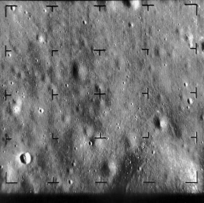 The Moon from Ranger-8: Mare Tranquillitatis (7)
Caption NASA:"Ranger 8 camera B image of the Moon about 5 seconds before impact. Ranger 8 impact took place on 20 February 1965 at 9:57:37 UT. This picture was taken from a distance of 11 Km. 
The area is in the Sea of Tranquillity about 2° North of the Apollo 11 Landing Site. The frame is about 2 Km across and North is up. 
Features as small as 4 mt across can be seen (Ranger 8, B090)".
Parole chiave: The Moon