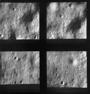 The Moon from Ranger-9: Alphonsus Crater (8)
Caption NASA:"These four images of the floor of Alphonsus Crater were taken on 24 March 1965 about 5 seconds before Ranger 9 impacted on the Surface. 
The pictures were taken by the four P-series cameras, and are (clockwise from upper left) P3, P4, P2, P1. The P3 image was taken from 14.3 km and is about 1.6 km across. The P4 image is 1,5 Km across, taken at a distance of 13,1 Km. P2, taken from 13,6 Km, is 540 meters across and P1, from 14,7 Km, is 580 mt. 
North is at 1:00 for all four images (Ranger 9, P006)".
Parole chiave: The Moon