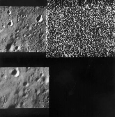 The Moon from Ranger-9: Alphonsus Crater (9)
Caption NASA:"This image shows the last two pictures taken by Ranger 9 before impact onto the Lunar Surface. The images show the floor of Alphonsus Crater at 12,84° South Lat. and 2,39 West Long. 
North is at 1:00 in both images. The top image was taken by camera P3 at a distance of 600 mt just 0,25" before impact. The frame is about 70 mt across. The lower frame is from camera P1. It includes most of the area on the left of the P3 frame and was taken from 1,2 Km, 4,5" prior to impact. 
The image is approximately 50 mt across. 
Part of the P3 frame is missing because Ranger 9 did not finish transmitting before impact. These were the last images from the Ranger programme, which ended with this mission (Ranger 9, P012)".
Parole chiave: The Moon